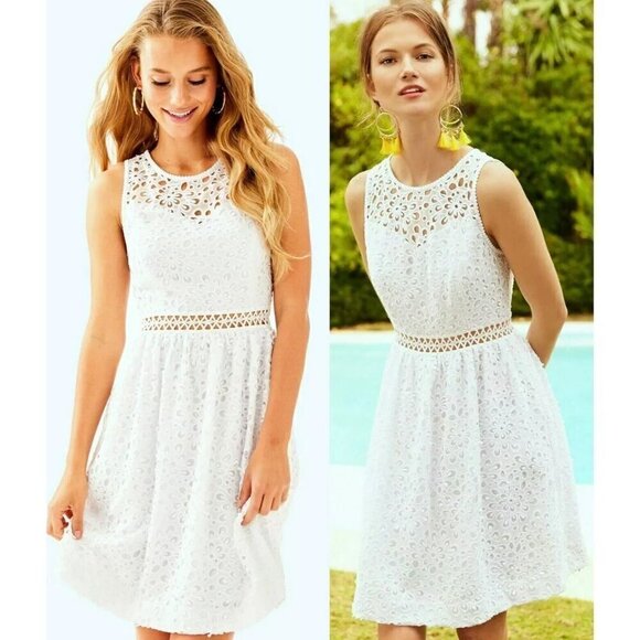 LILLY PULITZER Alivia Eyelet Fit & Flare Dress in White Size US 0 - Picture 3 of 9